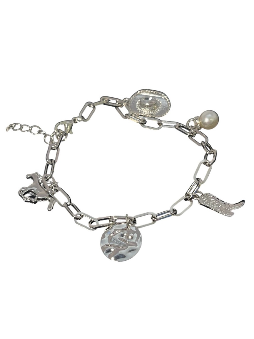 Silver Western Charm Bracelet with Boot, Pearl, and Hat Charms - NWOT **